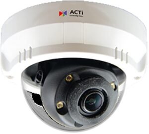 White ACTi dome security camera with a black lens