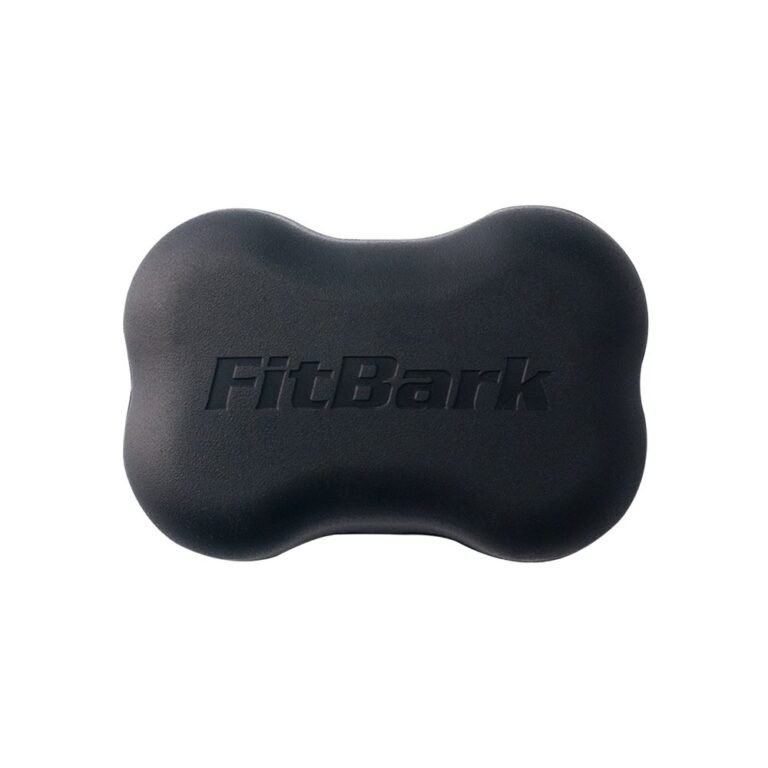 Black FitBark dog activity monitor, bone-shaped, with embossed logo