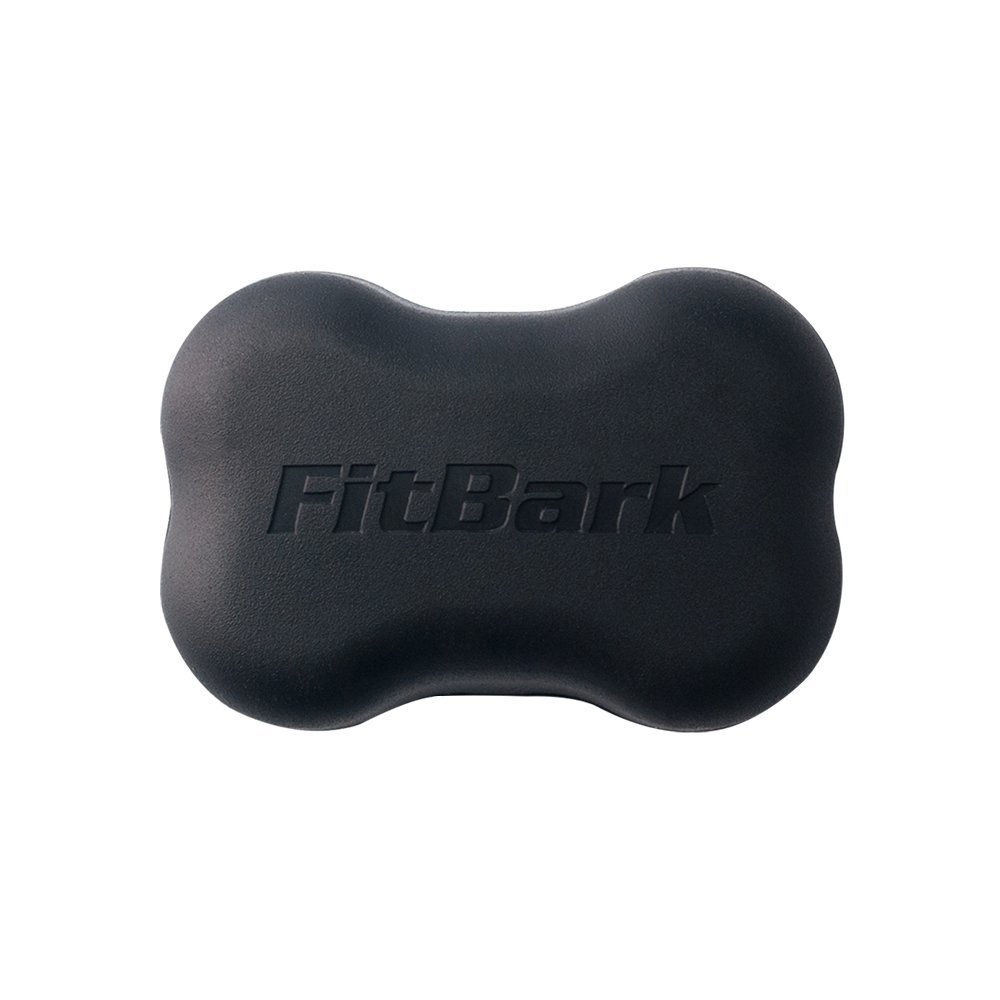 Black FitBark dog activity monitor, bone-shaped, with embossed logo