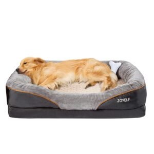 Golden Retriever dog sleeping comfortably in a gray dog bed