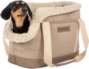Dachshund dog in a Sherpa pet carrier bag with a fluffy rim