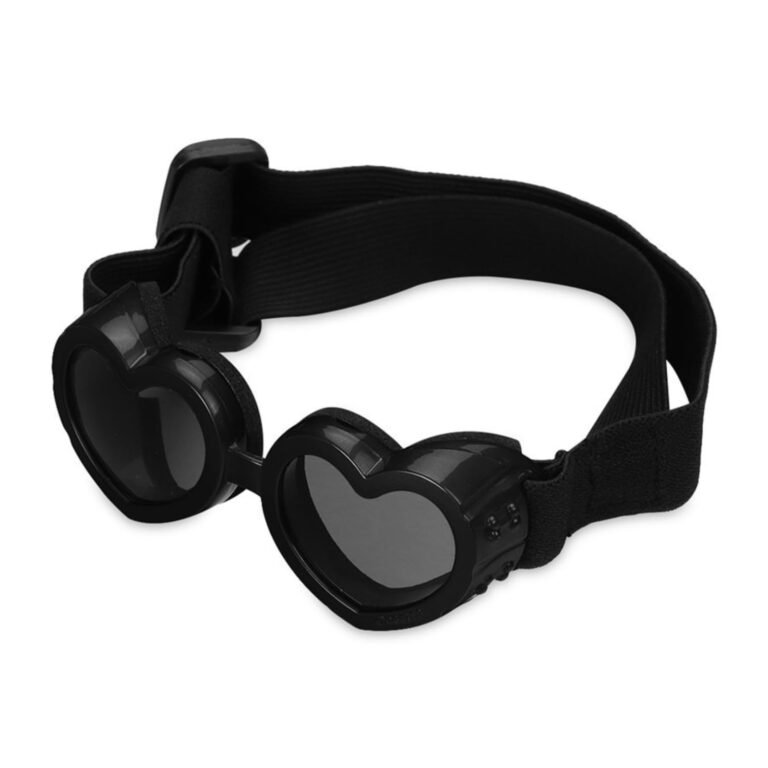Black heart-shaped dog goggles with adjustable strap on a white background