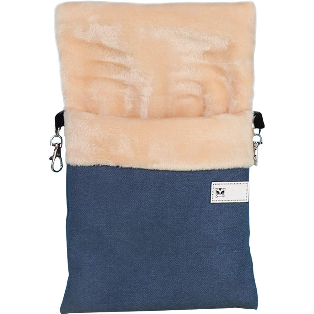 Blue and beige pet carrier with fluffy interior and metal clips