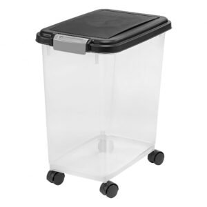 Clear plastic pet food container with black lid and wheels
