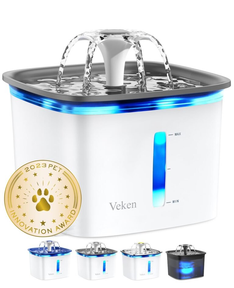 White pet water fountain with flowing water, blue light, and award seal