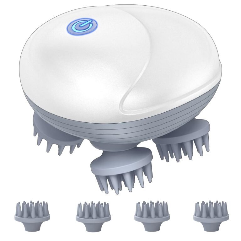 White and gray electric scalp massager with four brush attachments