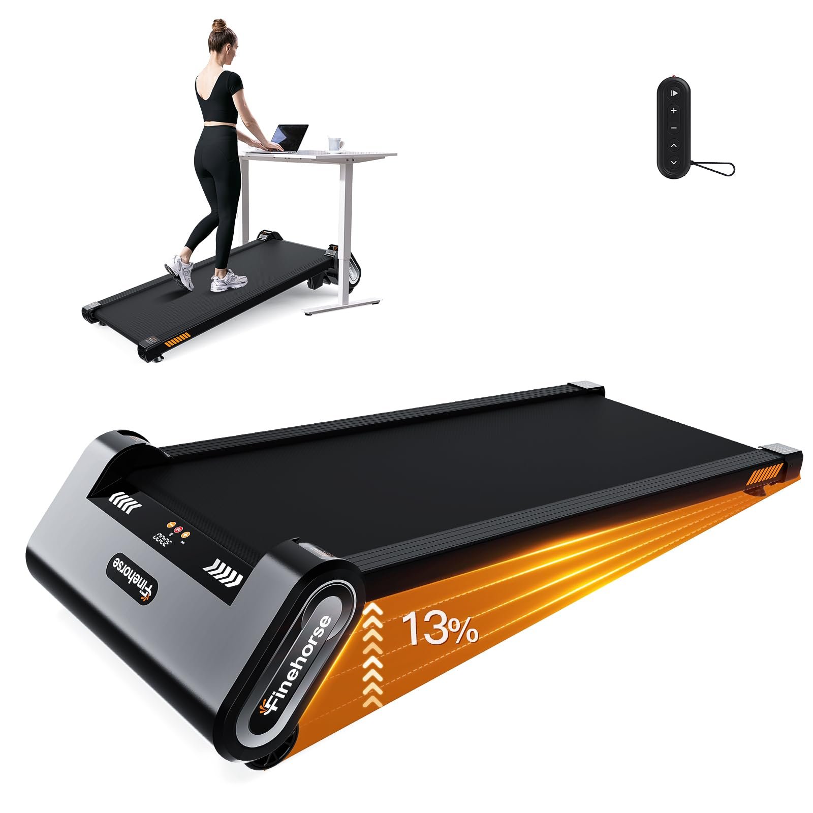 Woman walking on treadmill desk with laptop and remote control