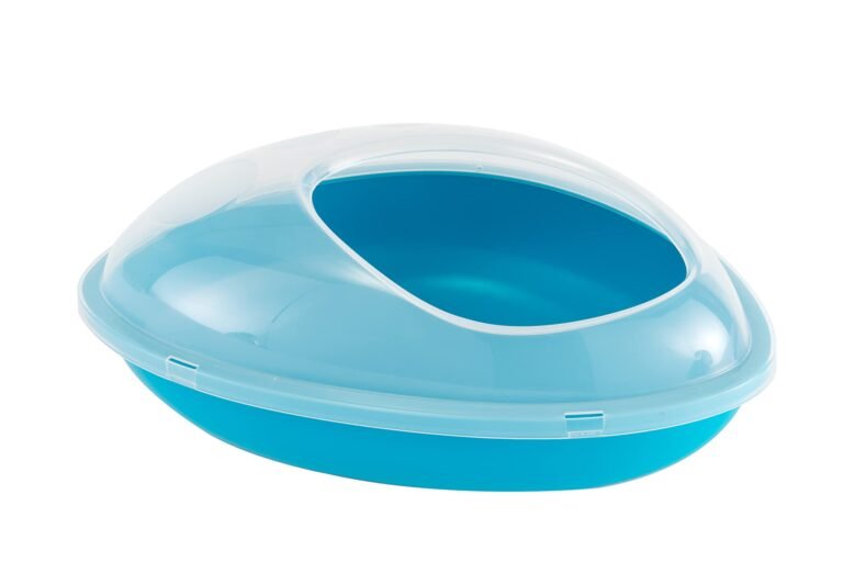 Blue and clear plastic covered cat litter box on white background