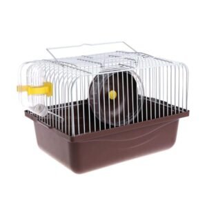 Hamster cage with brown base, wire top, water bottle, and exercise wheel