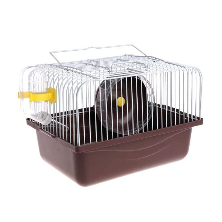 Hamster cage with brown base, wire top, water bottle, and exercise wheel