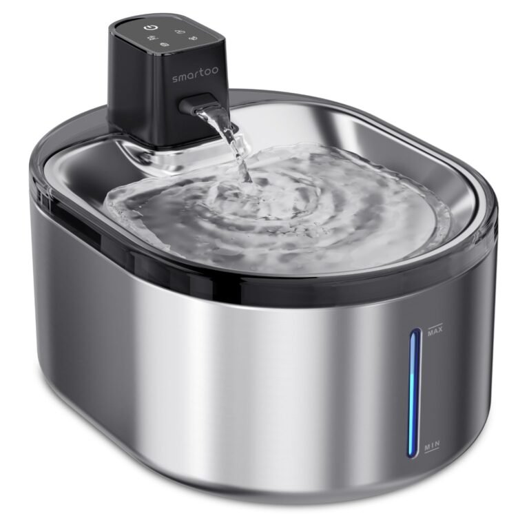 Stainless steel pet water fountain with water flowing from a black spout