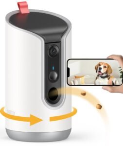 Dog treat dispenser with camera showing a dog on a phone screen