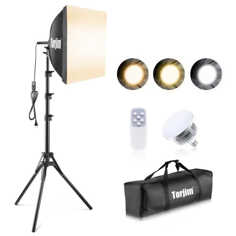Studio lighting kit with softbox, tripod, remote, and carrying bag