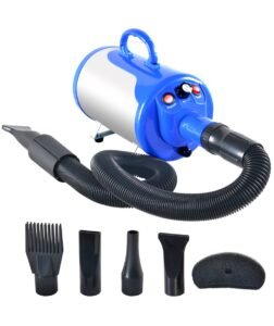 Blue and silver pet hair dryer with multiple nozzle attachments