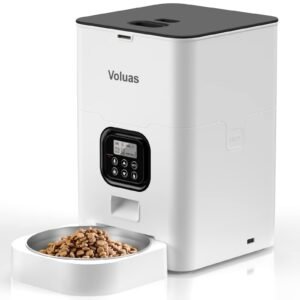 White automatic pet feeder with a bowl of dry food and digital display