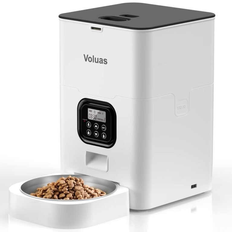 White automatic pet feeder with a bowl of dry food and digital display