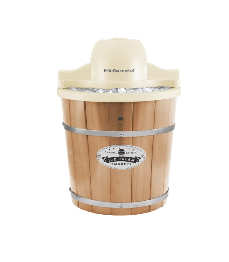 Vintage-style wooden ice cream maker with a cream-colored top and ice