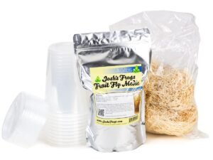 Fruit fly media, cups, and substrate in bags for reptile feeding