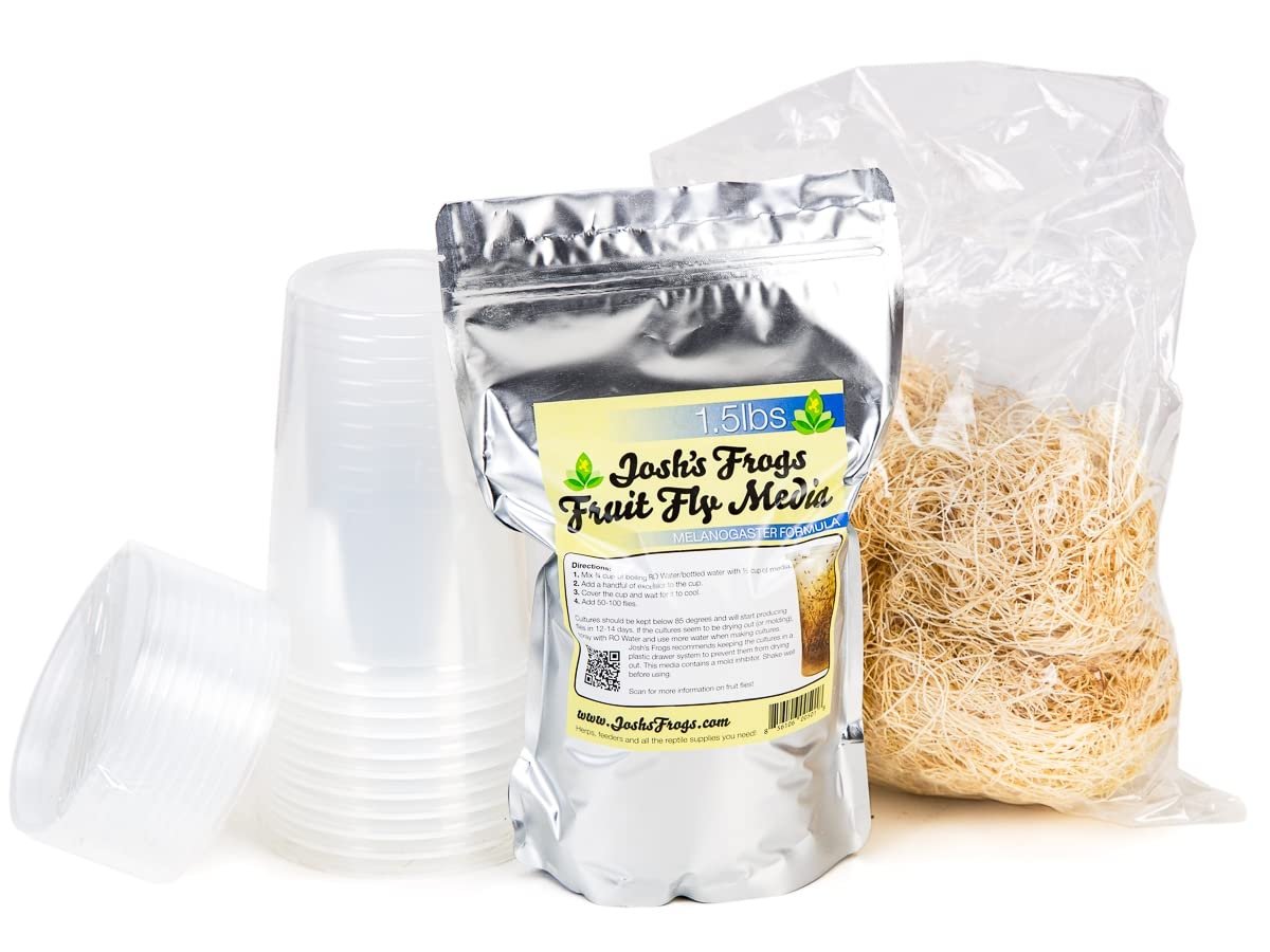 Fruit fly media, cups, and substrate in bags for reptile feeding