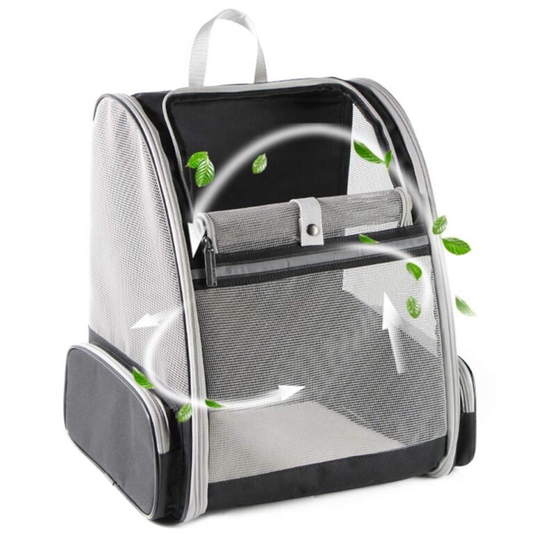 Black and gray pet carrier backpack with mesh sides and handle