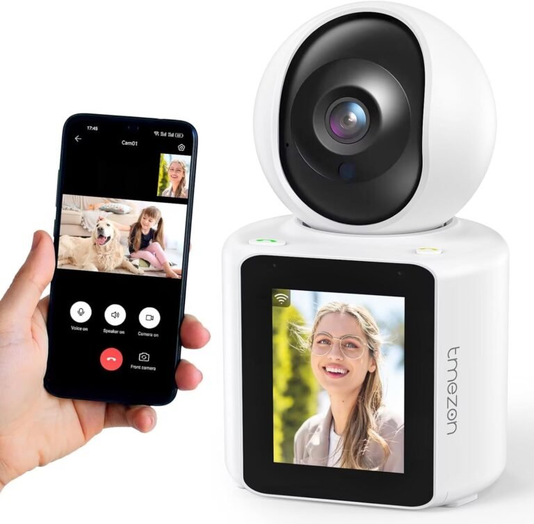Smart home security camera with a phone showing live video feed