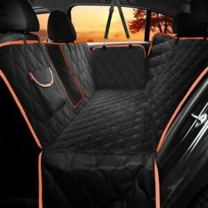 Black quilted car seat cover with orange trim, installed in a car