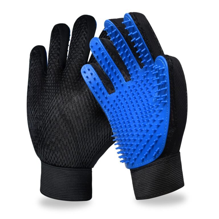 Black pet grooming gloves with blue rubber bristles