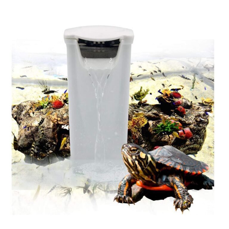 Turtle in aquarium with waterfall feature, fish, and decorative rocks