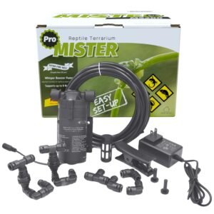 Reptile terrarium mister kit with pump, tubing, and power adapter on white background