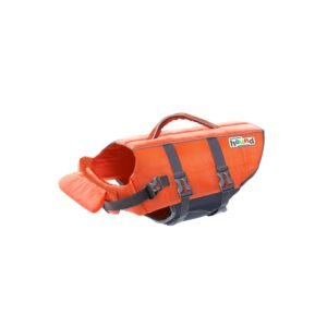 Orange Outward Hound dog life vest with gray straps and handle