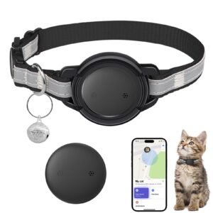 Cat tracking collar with GPS, phone app, and kitten looking up