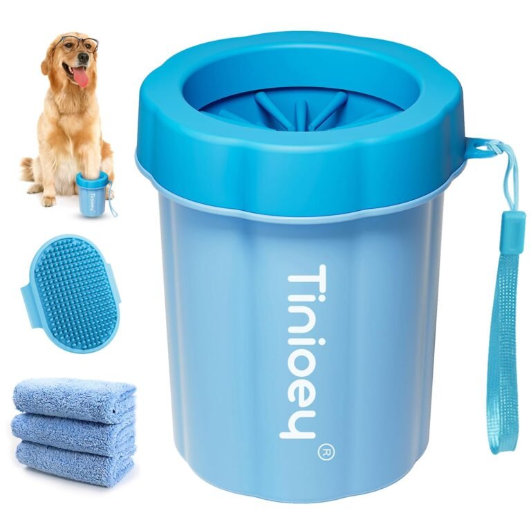 Blue dog paw cleaner with accessories, and a golden retriever wearing glasses
