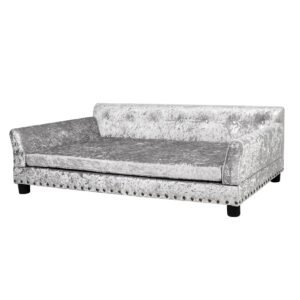 Silver crushed velvet dog sofa with button tufting and nailhead trim