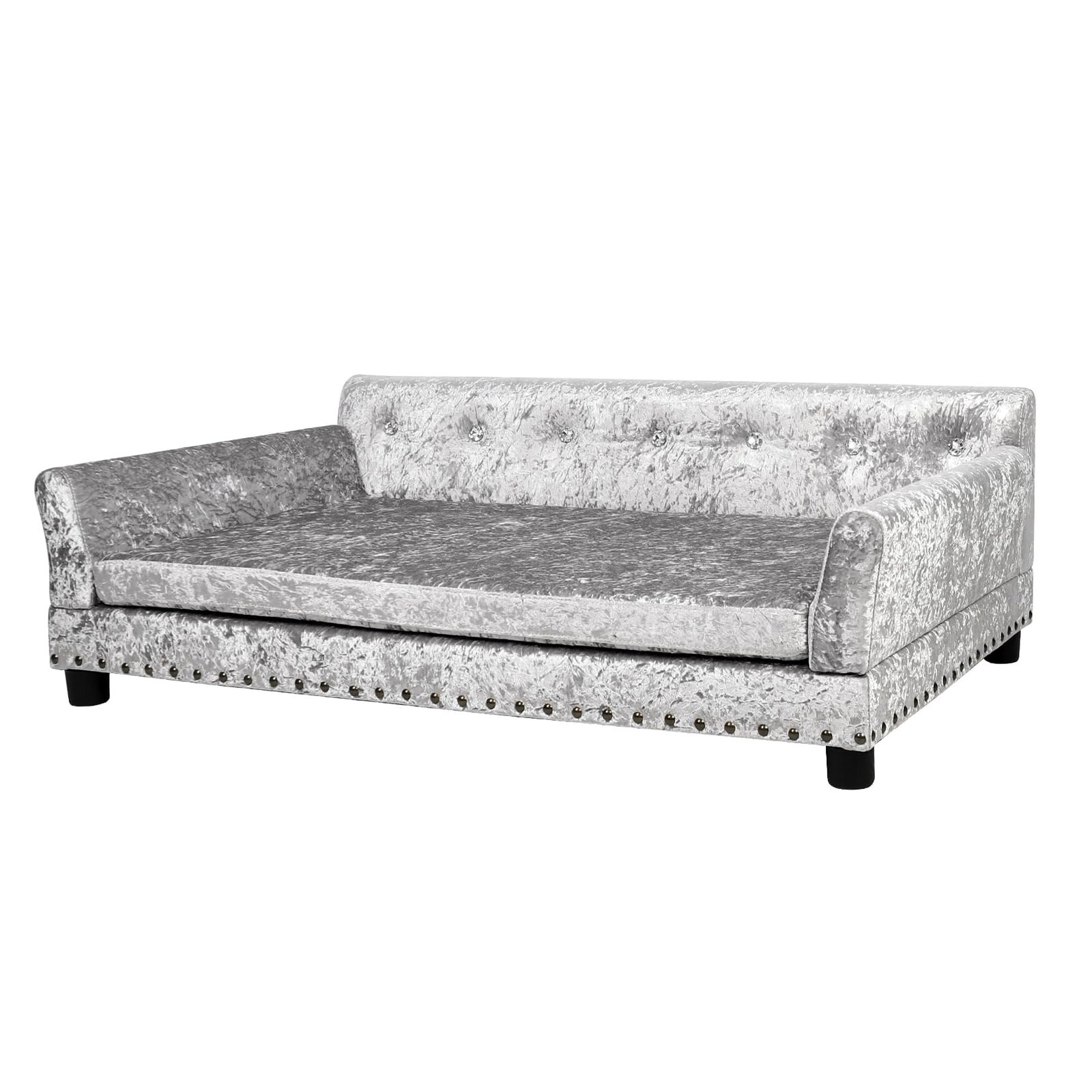 Silver crushed velvet dog sofa with button tufting and nailhead trim