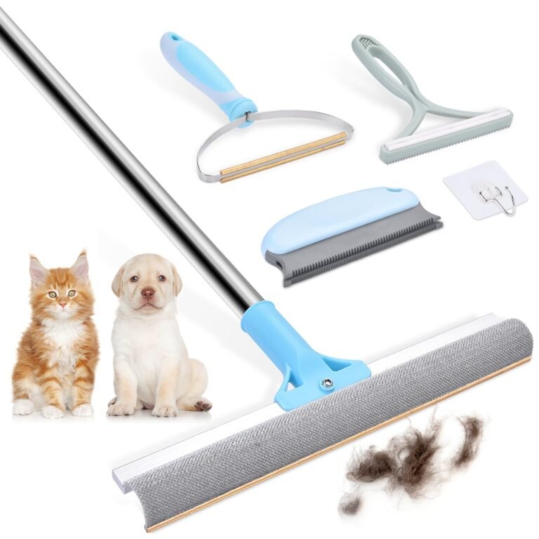 Pet hair removal tools with a cat, puppy, and hair pile
