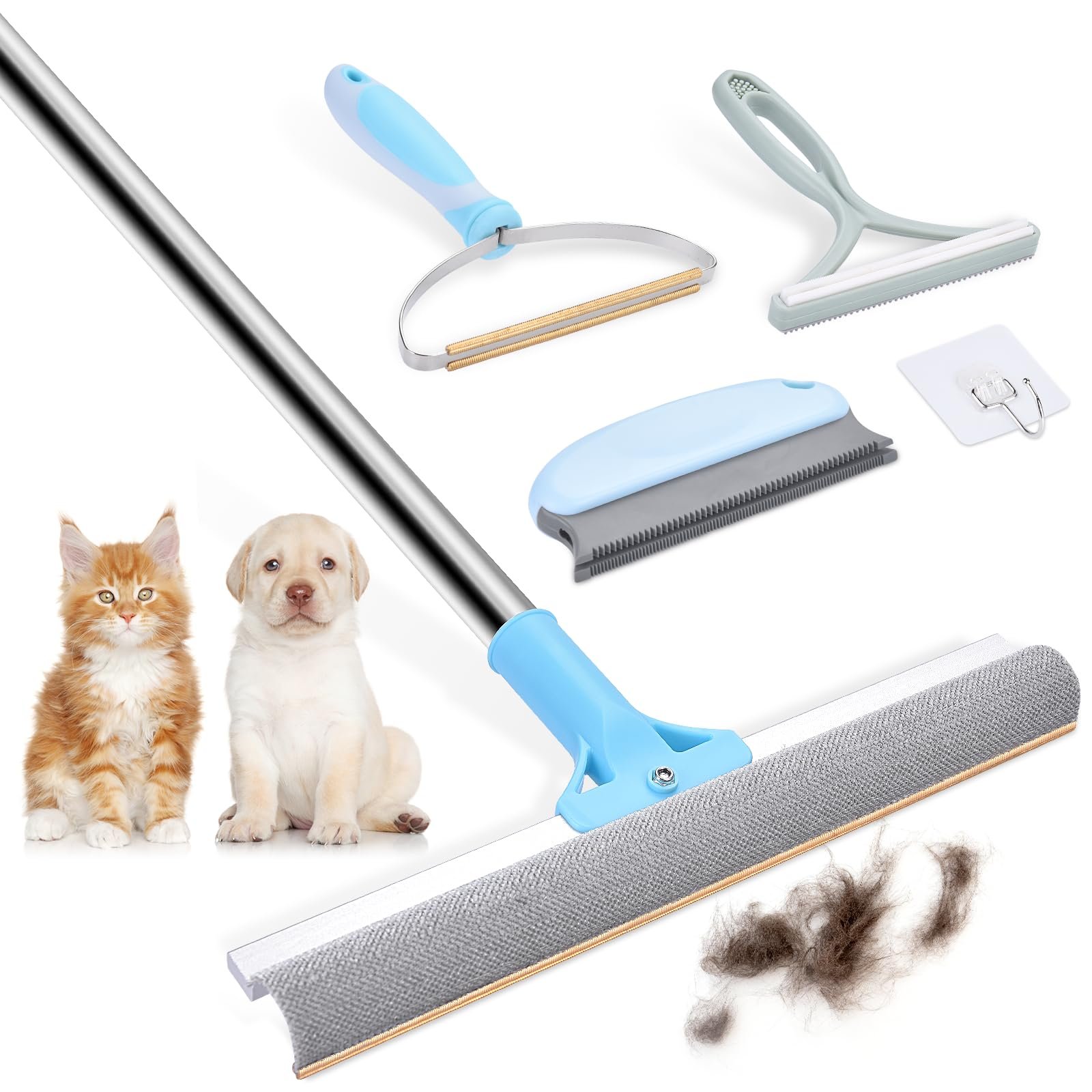 Pet hair removal tools with a cat, puppy, and hair pile