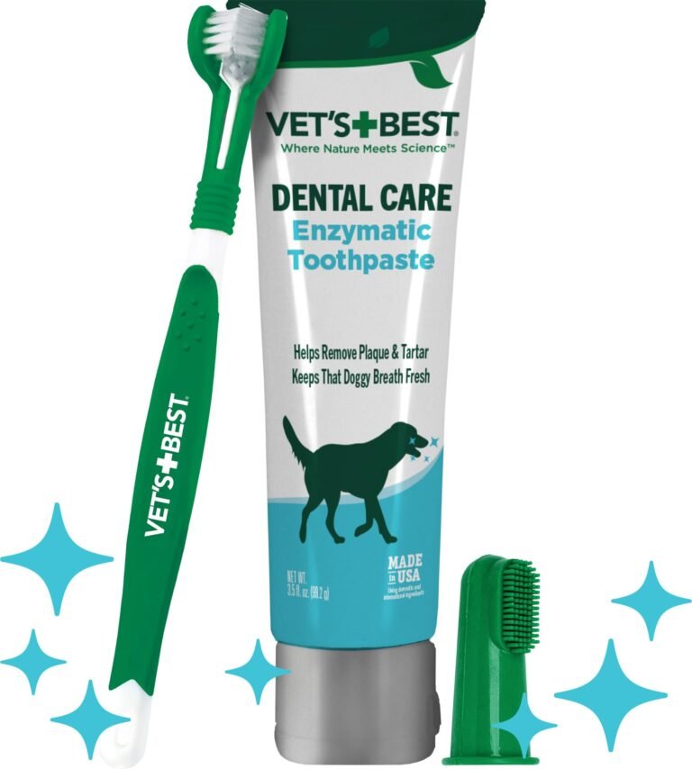 Vet's Best dog toothpaste, toothbrush, and finger brush, with blue starbursts
