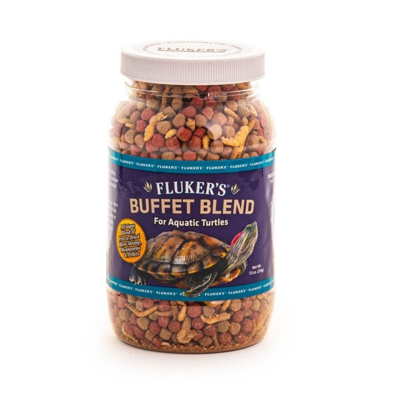 Jar of Fluker's Buffet Blend turtle food with a turtle illustration