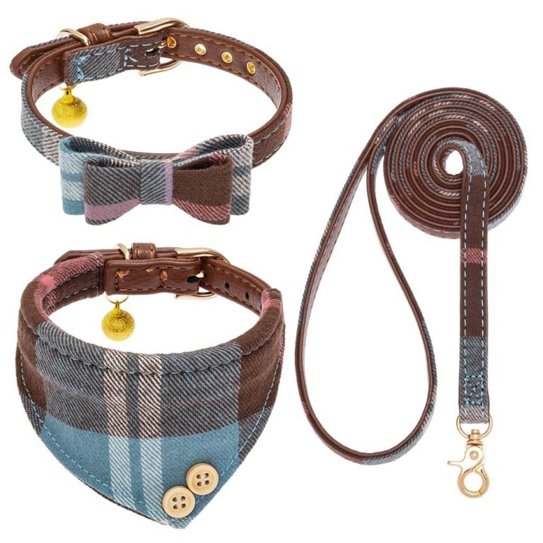 Brown plaid pet collar set with bow tie, bandana, and leash