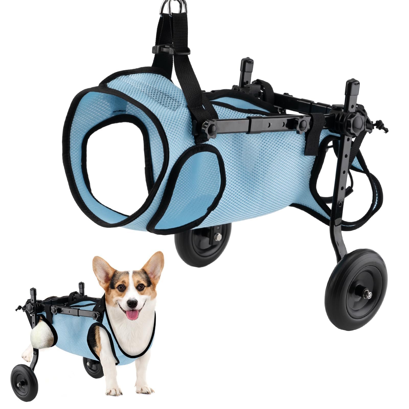 Dog wheelchair with blue mesh sling and a corgi model