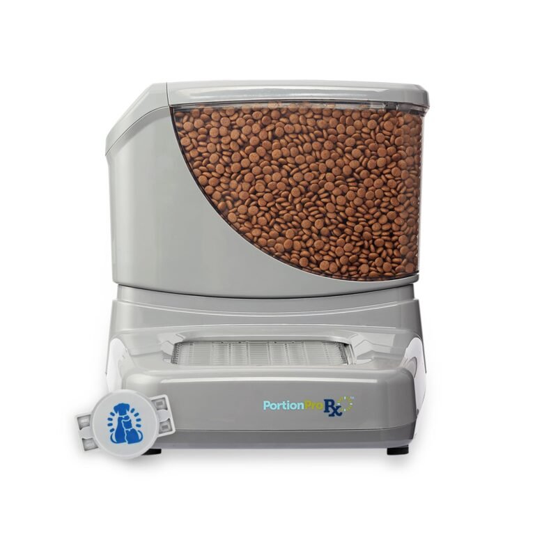 Gray automatic pet feeder filled with brown kibble, with logo