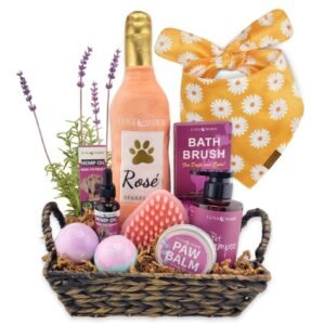 Dog spa gift basket with rosé, hemp oil, shampoo, and paw balm