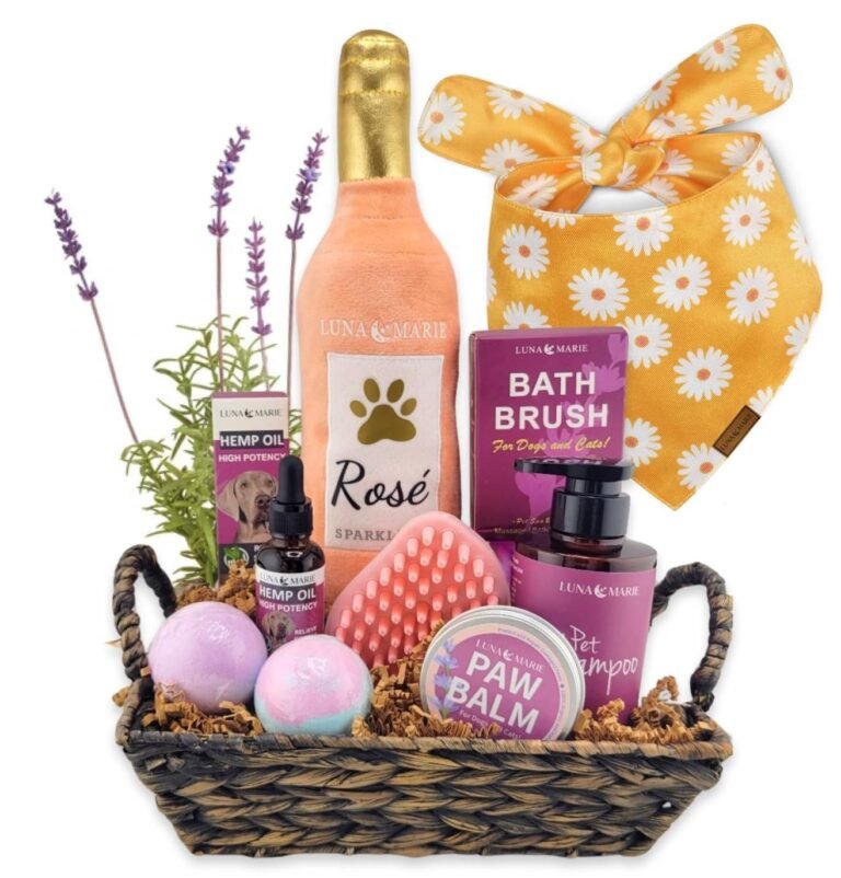 Dog spa gift basket with rosé, hemp oil, shampoo, and paw balm