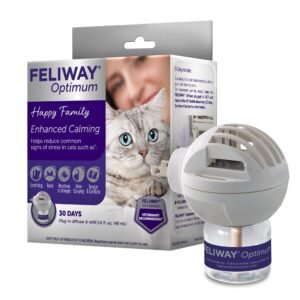 Feliway Optimum cat calming diffuser and refill bottle with cat on packaging
