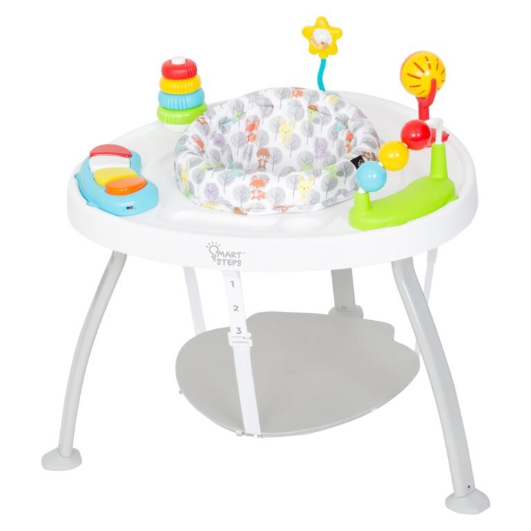 White baby activity center with toys and adjustable height