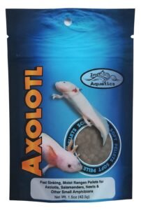Axolotl food bag with axolotls and soft pellets on a blue background