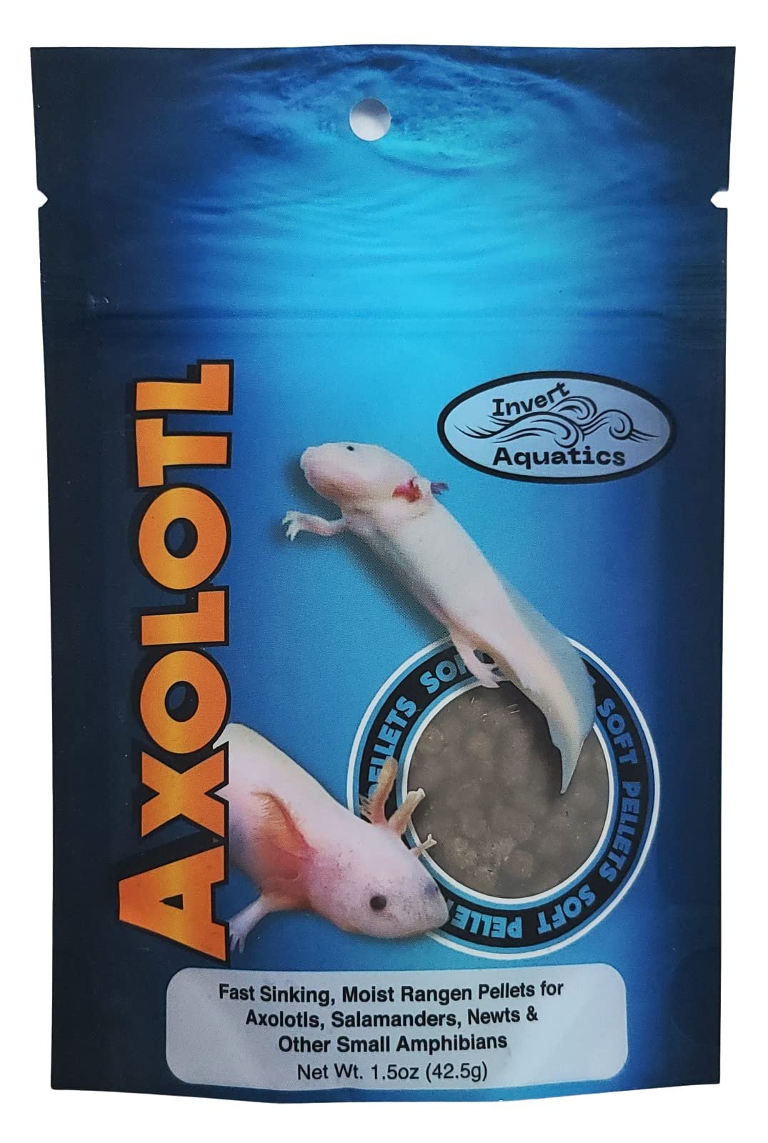 Axolotl food bag with axolotls and soft pellets on a blue background