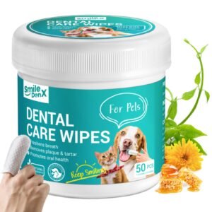 Dental care wipes for pets, with a dog and cat illustration, and honey