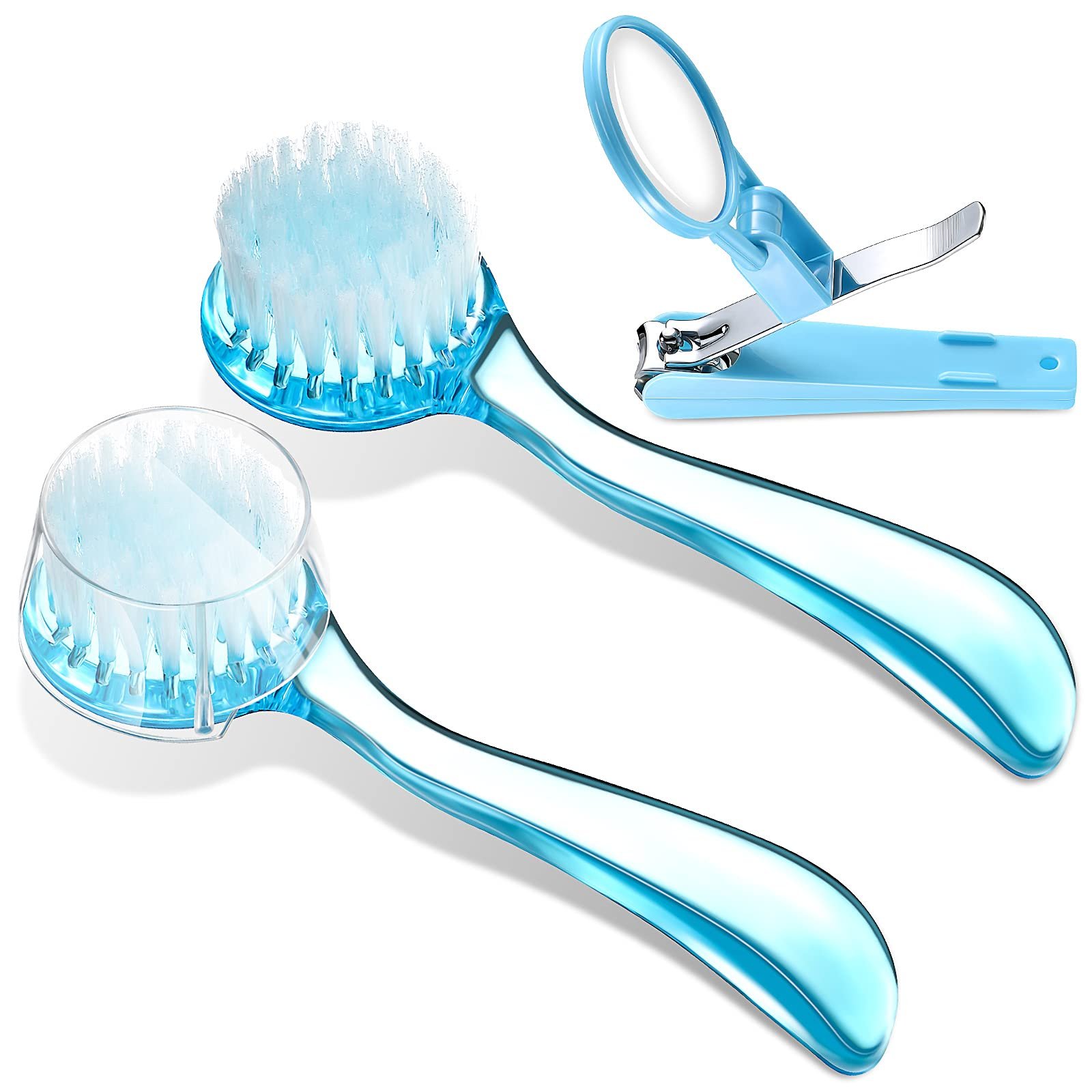 Blue baby nail clippers, two brushes, and a magnifying glass