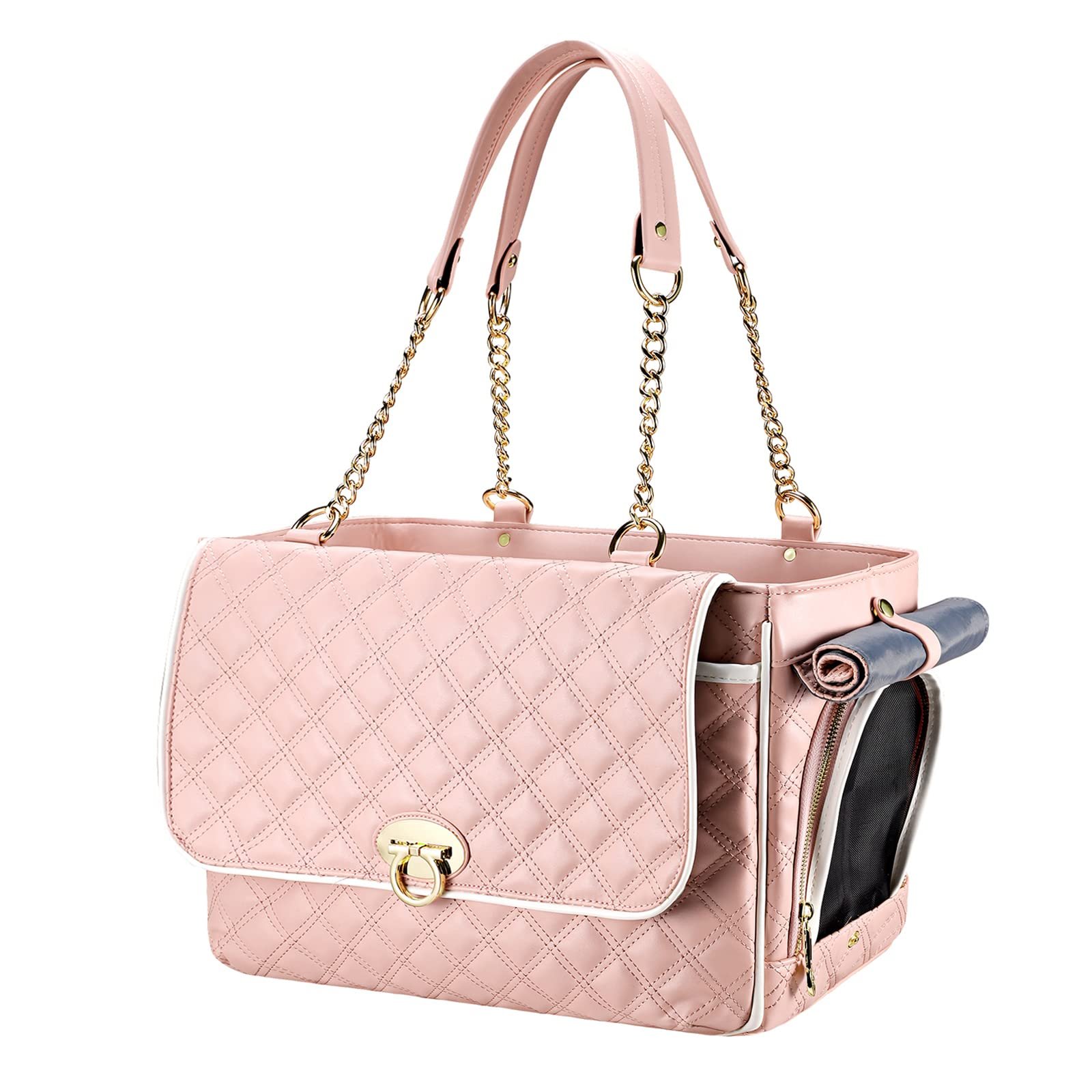 Pink quilted pet carrier handbag with gold chain straps and handle